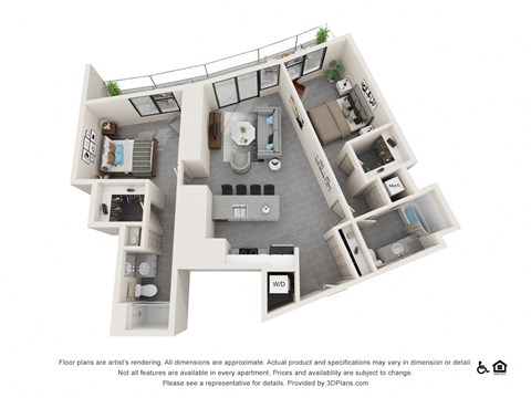 Floor plan for 2 beds, 2 baths, 1173 sqft